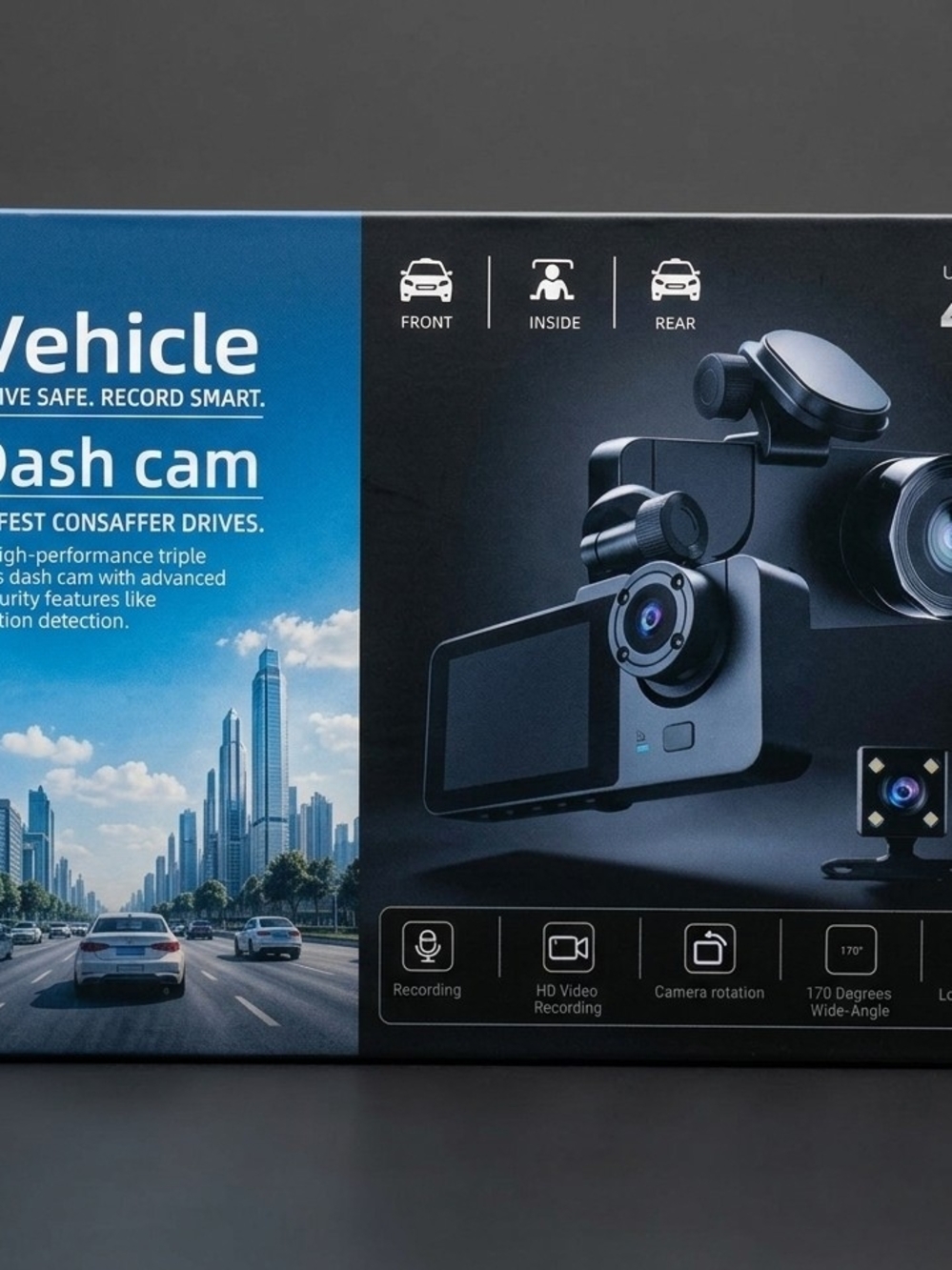 Vehicle Dash Cam Triple Lens - Black